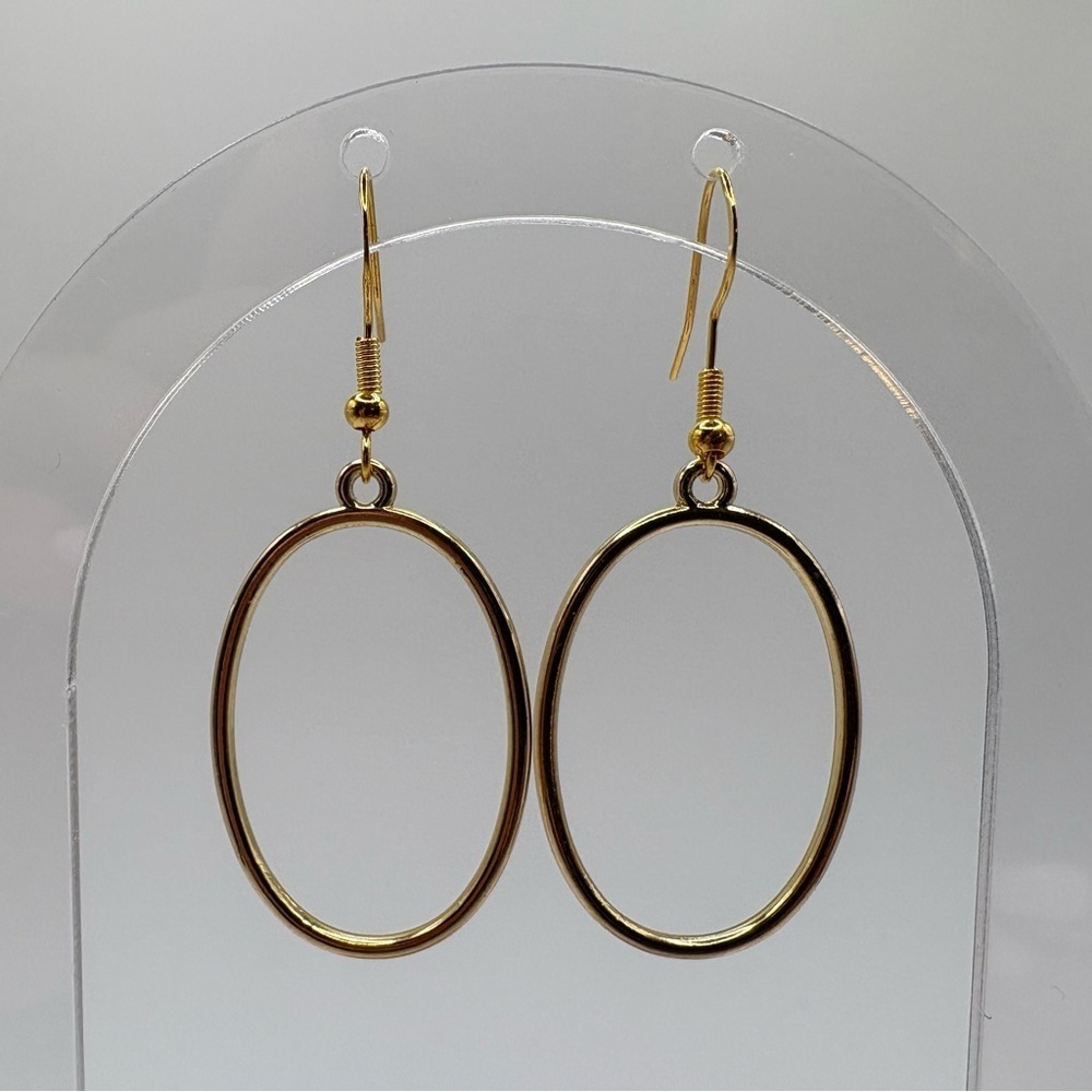 New Handcrafted Oval Drop Gold Earrings on 14K Gold Plated Hooks